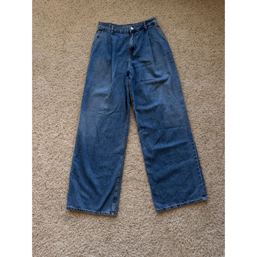 ZARA Pleated Wide Leg Jeans Denim Trousers Medium Wash Blue High Rise Size 0 32